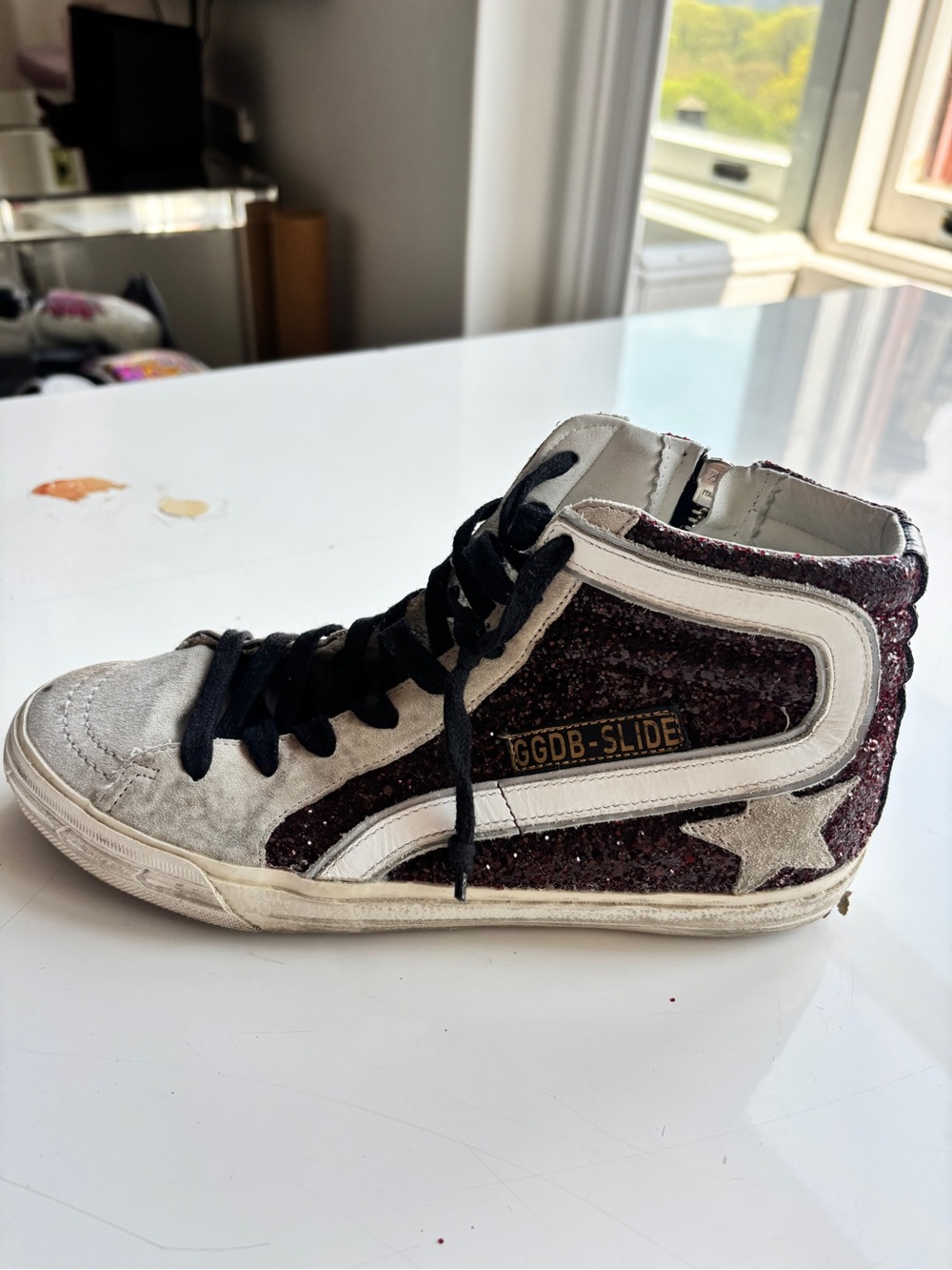 Golden Goose GGDB-SLIDE High-Top Sneaker in Burgundy Glitter and White - Picture 2 of 5